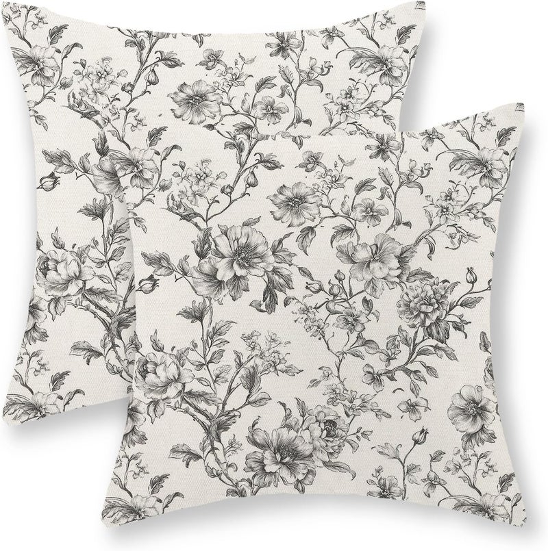 GOLIANDA Black and Cream Pillow Covers 16x16 Set of 2 Vintage Floral Chinoiserie Throw Pillows Rustic Toile Flower Decorative Pillow Cases Outdoor Chinoiserie Decor Linen Cushion Case for Couch Sofa - Image 1