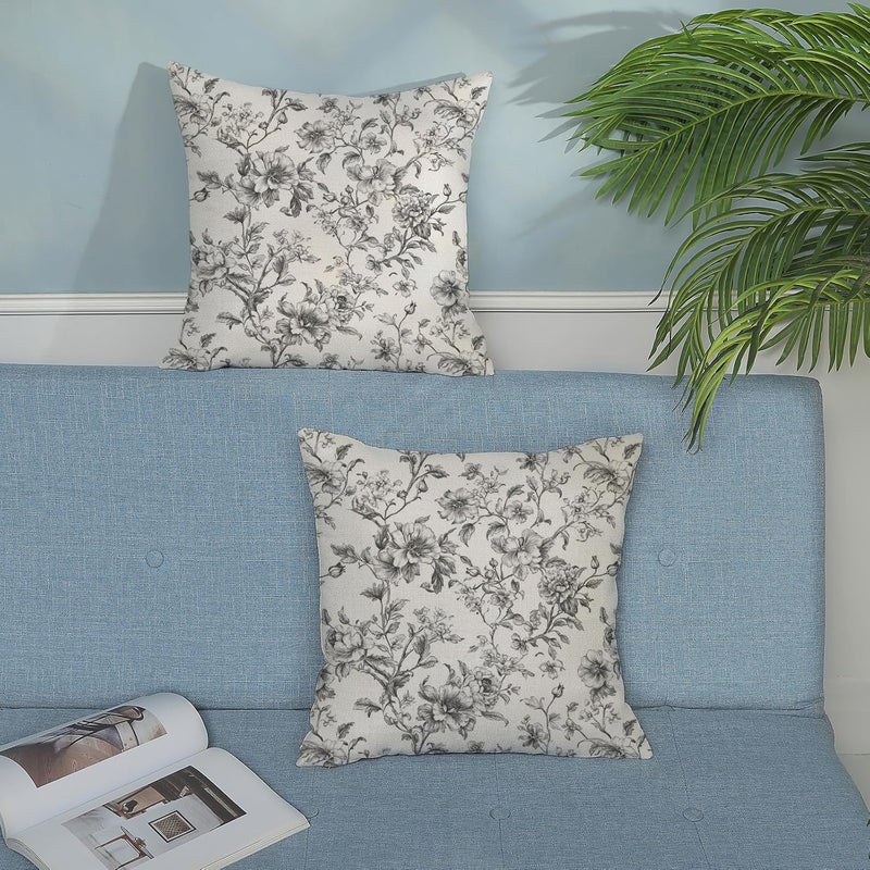 GOLIANDA Black and Cream Pillow Covers 16x16 Set of 2 Vintage Floral Chinoiserie Throw Pillows Rustic Toile Flower Decorative Pillow Cases Outdoor Chinoiserie Decor Linen Cushion Case for Couch Sofa - Image 4