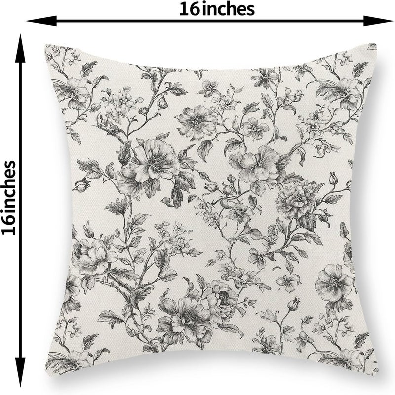 GOLIANDA Black and Cream Pillow Covers 16x16 Set of 2 Vintage Floral Chinoiserie Throw Pillows Rustic Toile Flower Decorative Pillow Cases Outdoor Chinoiserie Decor Linen Cushion Case for Couch Sofa - Image 2