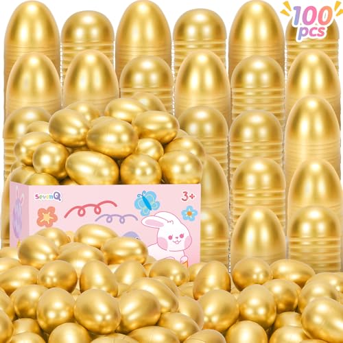 SevenQ Easter Eggs Empty 100Pcs Fillable Plastic Golden Eggs for Easter Basket Stuffers Fidget Toy Easter Gifts for Kids Party Favors Pinata Treasure Box Candy Goodie Bags Fillers Egg Hunt Essentials - Image 1