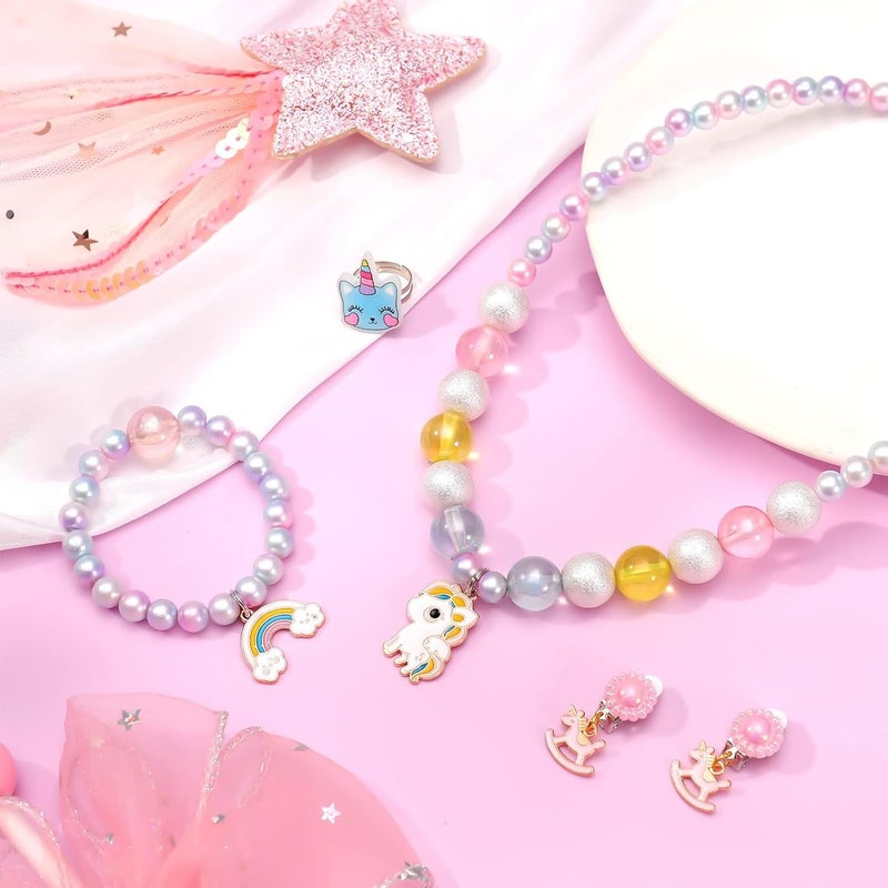 Excefore 5 PCS Unicorn Jewelry Set for Girls - Cute Rainbow Necklaces, Bracelet, Earrings, and Ring for Party Supplies, Princess Party Favors, Craft DIY Accessories, Little Girls Dress up Jewelry Sets - Image 2