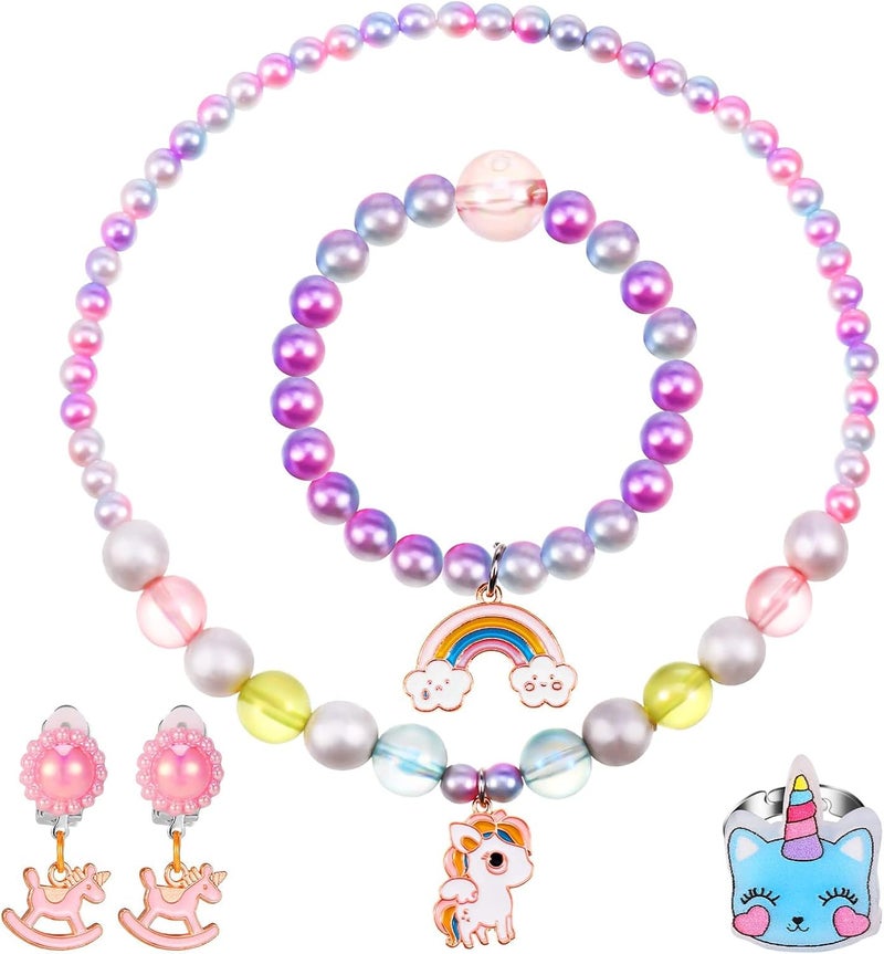 Excefore 5 PCS Unicorn Jewelry Set for Girls - Cute Rainbow Necklaces, Bracelet, Earrings, and Ring for Party Supplies, Princess Party Favors, Craft DIY Accessories, Little Girls Dress up Jewelry Sets - Image 1
