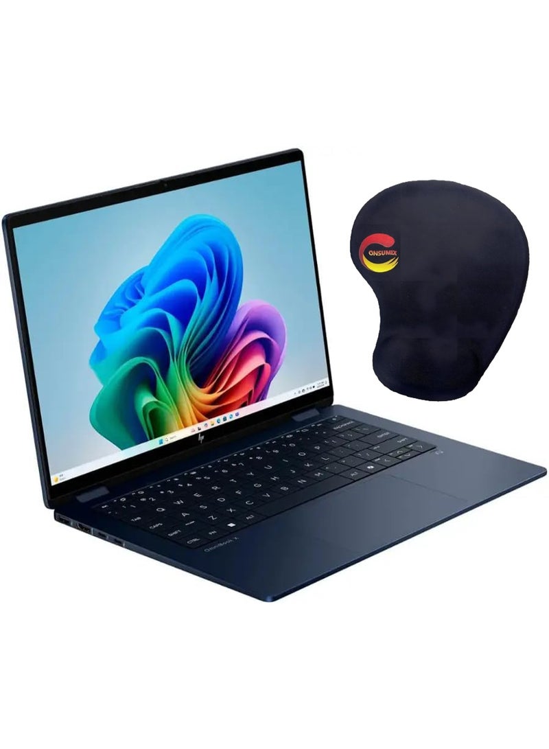 HP (نسخة مطورة) لابتوب أومني بوك إكس فليب 14، شاشة تعمل باللمس IPS بحجم 14 بوصة بدقة 2K، معالج إنتل كور ألترا 7 256V، ذاكرة RAM بسعة 16GB LPDDR5x، قرص SSD بسعة 1TB، بطاقة إنتل آرك 140V بسعة 8GB، كمبيوتر شخصي مدعوم بالذكاء الاصطناعي من الجيل التالي Copilot+، لوحة مفاتيح مضاءة، ويندوز 11 باللون الأزرق الجوي. - Image 2