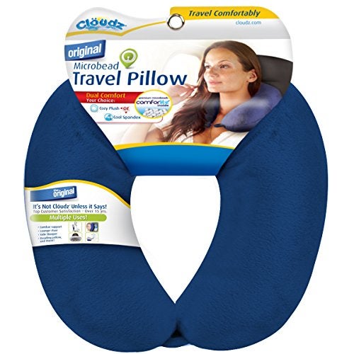 Cloudz Dual Comfort Microbead Airplane Travel Neck Pillow. Super Soft Cozy Plush Fabric on One Side, Cool Relaxing Spandex on The Other! Customize Your Comfort and Support at Home or On The Go!- Blue - Image 1