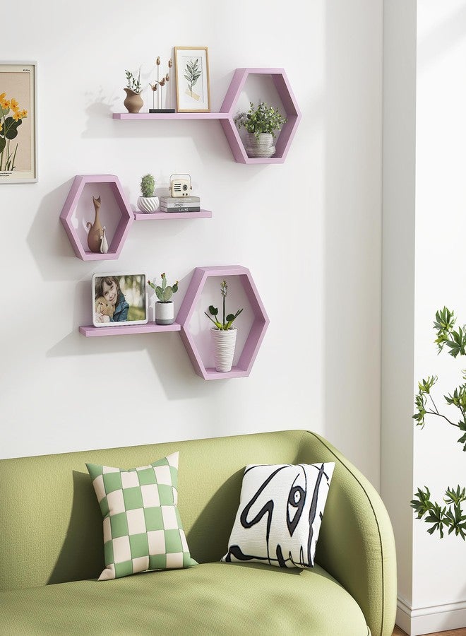 LUDORU Wooden Hexagon Floating Shelves Wall Mounted,Set of 6 Pine Hexagon Shelves Display for Photos,Plants,Rustic Honeycomb Shelves for Living Room,Bedroom,Bathroom, Kitchen, Office Decor, Pink - Image 4