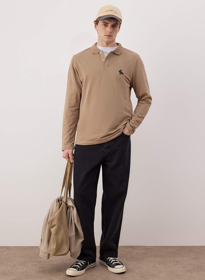 trendyol Mink 100% Cotton Slim/Fitted Long Sleeve Horse Embroidered Polo Neck TShirt - Image 1