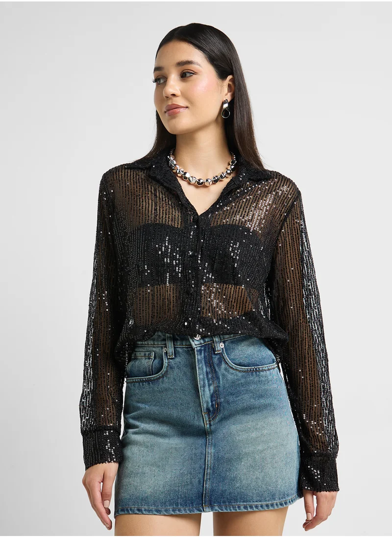 جينجر Sequin Embellished Button Down Shirt