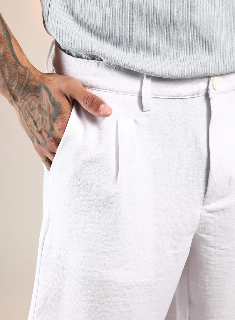 Campus Sutra Men's Chalk White Wrinkled Tailored Shorts