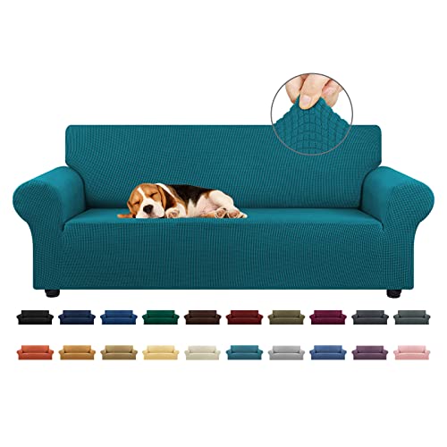 KEKUOU Stretch Sofa Cover Slipcover ，Couch Covers for 3 Cushion Couch Sofa pet Friendly (78"-94") Furniture Protector Sofa with Elastic Bottom for Kids,Dog, Jacquard Small Checked(Large,Peacock Blue) - Image 1