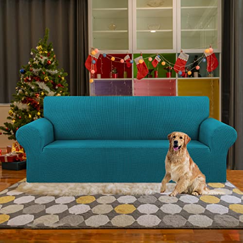 KEKUOU Stretch Sofa Cover Slipcover ，Couch Covers for 3 Cushion Couch Sofa pet Friendly (78"-94") Furniture Protector Sofa with Elastic Bottom for Kids,Dog, Jacquard Small Checked(Large,Peacock Blue) - Image 2