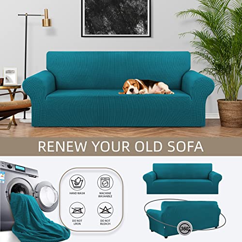 KEKUOU Stretch Sofa Cover Slipcover ，Couch Covers for 3 Cushion Couch Sofa pet Friendly (78"-94") Furniture Protector Sofa with Elastic Bottom for Kids,Dog, Jacquard Small Checked(Large,Peacock Blue) - Image 3