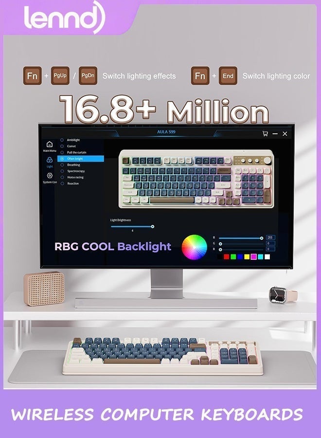 LENND S99 Gaming Keyboard, Wireless Computer Keyboards, Tri-Mode Bluetooth/2.4GHz/USB-C Custom Creamy Keyboard with Number Pad, RGB Backlit Media Knob Cute Programmable Keyboard for PC Gamer - Green - Image 5