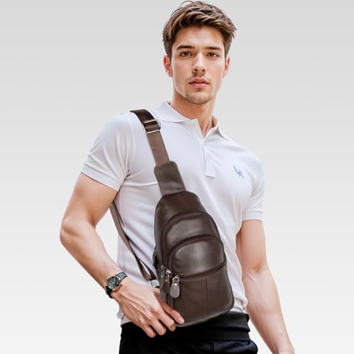 molshine Genuine Leather Sling Crossbody Bag,Fashion Chest,Casual Shoulder Bag for Men Women Work Travel Cycling HB024 (Brown) - Image 2