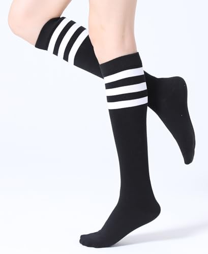 Joulli Women's Knee High Athletic Socks Stripe Tube Outdoor Sport Socks 3 Pairs, Black - Image 3