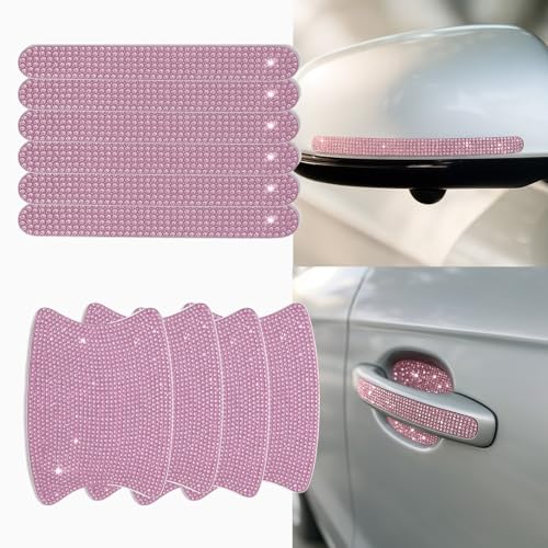 I3DIDEA 10PCS Bling Car Door Handle Protectors 4 Door Bowl Stickers 6 Handle Strips Crystal Rhinestone AntiScratch Car Accessories Sparkling Auto Decor Decals Universal for SUV Sedan Truck Pink - Image 1