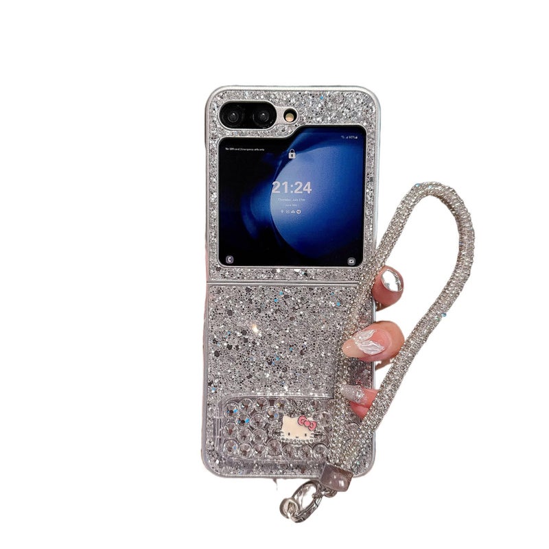 Drop Protection PC for Samsung Galaxy Z Flip 6 with Kickstand and Silver Glitter in Silver for School Days - Image 2