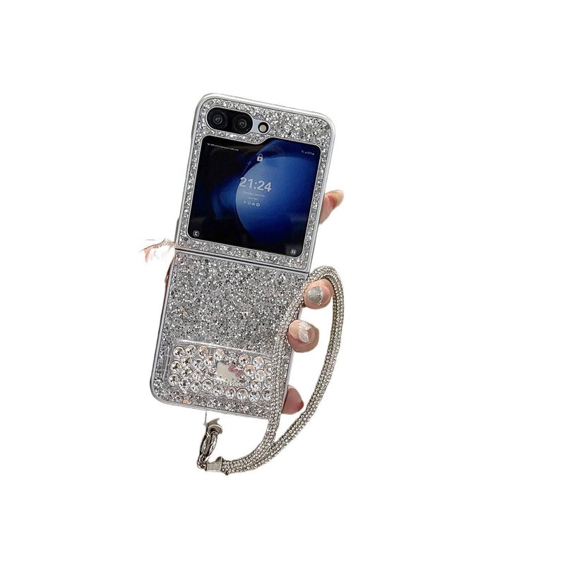 Drop Protection PC for Samsung Galaxy Z Flip 6 with Kickstand and Silver Glitter in Silver for School Days - Image 3