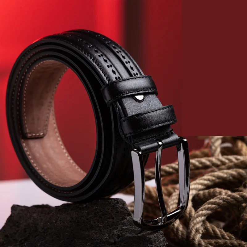 Gayış Gaış Leather Men's Suit Belt Classic Black Patterned Belt 3.5 cm