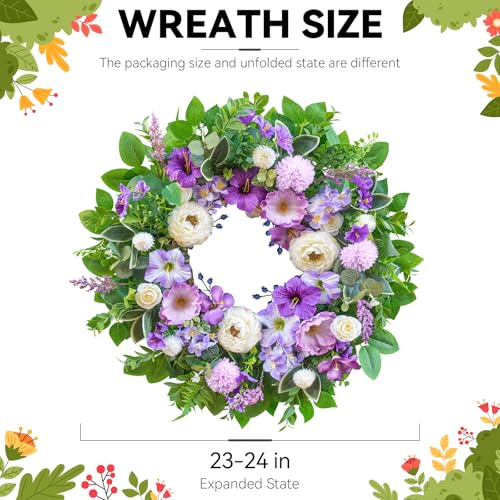 wreathqueen Spring Wreaths for Front Door Outside 24 Inch,Summer Wreath with Purple Morning Glory,Peony and Hydrangea,Spring Door Wreath for Indoor Outdoor Farmhouse Wall Proch Home Decor - Image 3