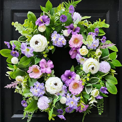 wreathqueen Spring Wreaths for Front Door Outside 24 Inch,Summer Wreath with Purple Morning Glory,Peony and Hydrangea,Spring Door Wreath for Indoor Outdoor Farmhouse Wall Proch Home Decor - Image 1
