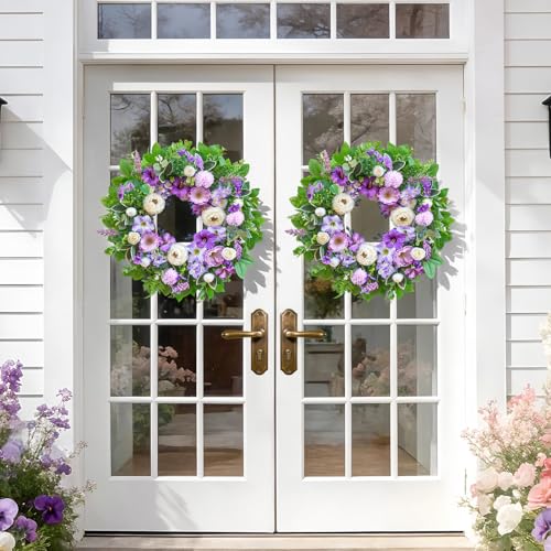 wreathqueen Spring Wreaths for Front Door Outside 24 Inch,Summer Wreath with Purple Morning Glory,Peony and Hydrangea,Spring Door Wreath for Indoor Outdoor Farmhouse Wall Proch Home Decor - Image 2