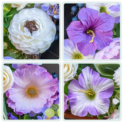 wreathqueen Spring Wreaths for Front Door Outside 24 Inch,Summer Wreath with Purple Morning Glory,Peony and Hydrangea,Spring Door Wreath for Indoor Outdoor Farmhouse Wall Proch Home Decor - Image 4