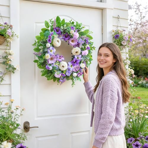 wreathqueen Spring Wreaths for Front Door Outside 24 Inch,Summer Wreath with Purple Morning Glory,Peony and Hydrangea,Spring Door Wreath for Indoor Outdoor Farmhouse Wall Proch Home Decor - Image 5