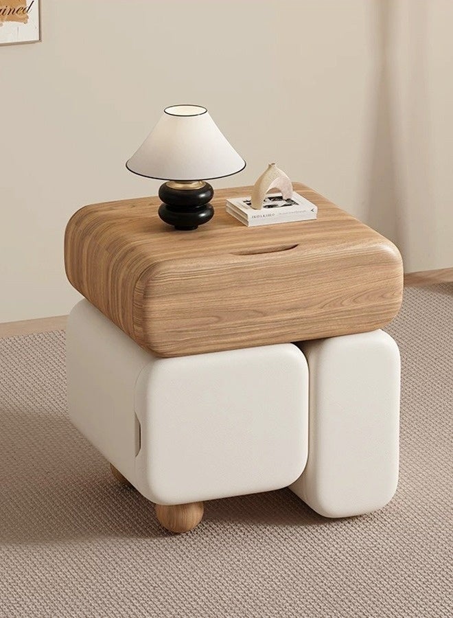 سي آند سي هوم طاولة جانبية خشبية منحوتة حديثة بقاعدة تخزين مستديرة ناعمة، وطاولة ليلية بسيطة تتميز بسطح من حبيبات الخشب الطبيعي، وأقسام بيضاء منجدة قابلة للتعديل، وتصميم عصري لغرفة النوم أو غرفة المعيشة 45 × 40 × 50 سم. - Image 1