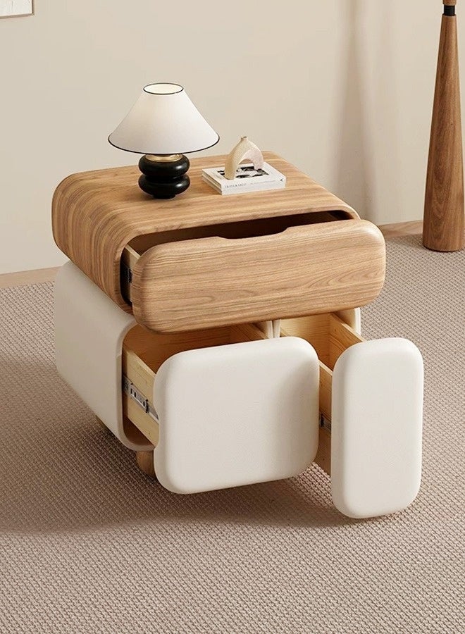 سي آند سي هوم طاولة جانبية خشبية منحوتة حديثة بقاعدة تخزين مستديرة ناعمة، وطاولة ليلية بسيطة تتميز بسطح من حبيبات الخشب الطبيعي، وأقسام بيضاء منجدة قابلة للتعديل، وتصميم عصري لغرفة النوم أو غرفة المعيشة 45 × 40 × 50 سم. - Image 2