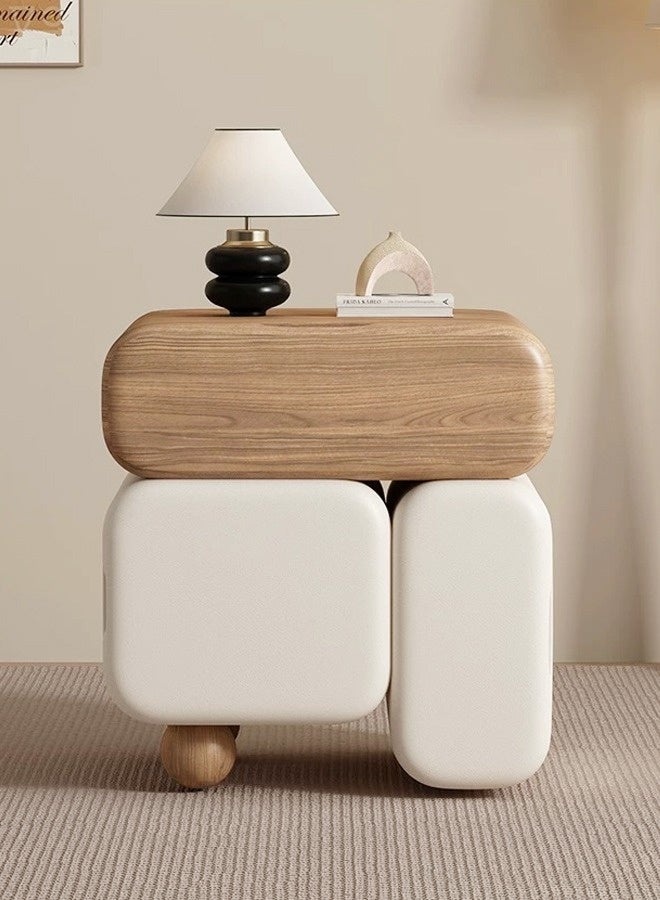 سي آند سي هوم طاولة جانبية خشبية منحوتة حديثة بقاعدة تخزين مستديرة ناعمة، وطاولة ليلية بسيطة تتميز بسطح من حبيبات الخشب الطبيعي، وأقسام بيضاء منجدة قابلة للتعديل، وتصميم عصري لغرفة النوم أو غرفة المعيشة 45 × 40 × 50 سم. - Image 4