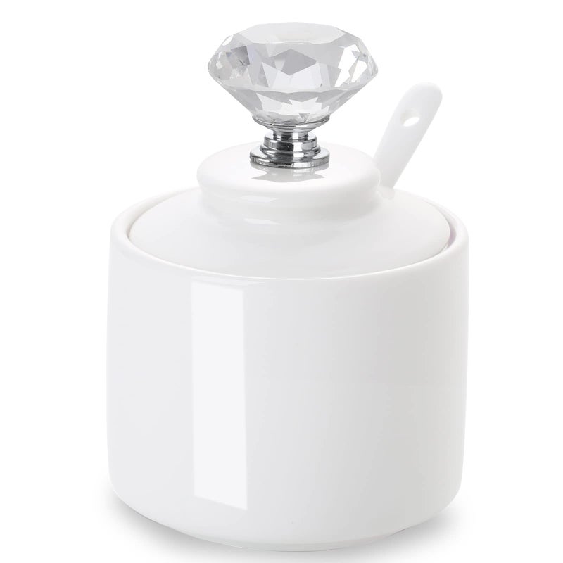 ONTUBE Porcelain Sugar Bowl with Crystal Lid and Spoon 8oz, White (Crystal silver) - Image 1
