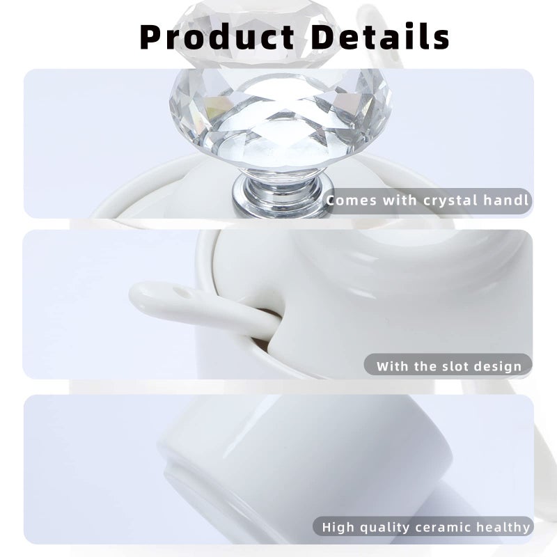 ONTUBE Porcelain Sugar Bowl with Crystal Lid and Spoon 8oz, White (Crystal silver) - Image 5