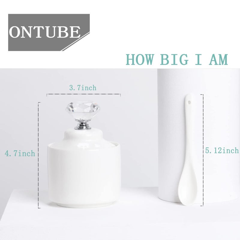 ONTUBE Porcelain Sugar Bowl with Crystal Lid and Spoon 8oz, White (Crystal silver) - Image 2