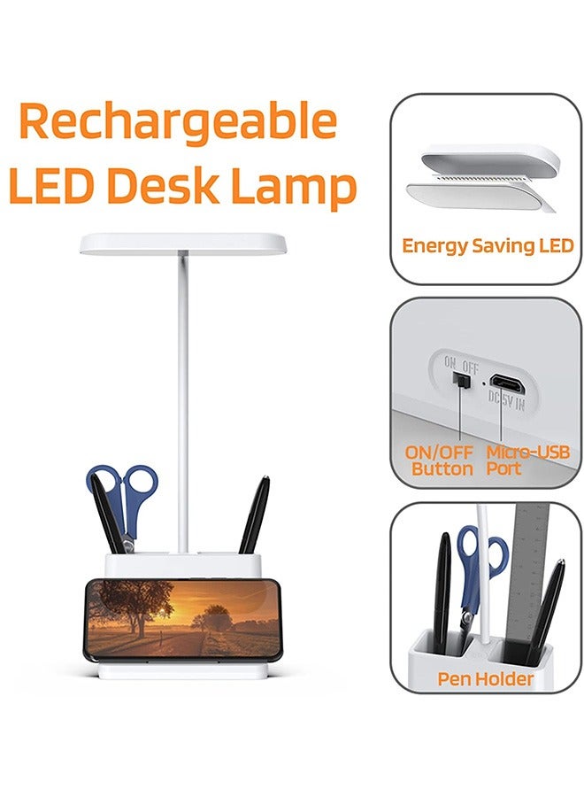 LED Small Desk Lamp, Desk Lamps for Home Office, White Desk Light for Kids, Desktop/Computer Study Lamps for Bedrooms, Rechargeable, Battery Operated, Pen Holder, Adjustable Gooseneck Reading Lamp - Image 4