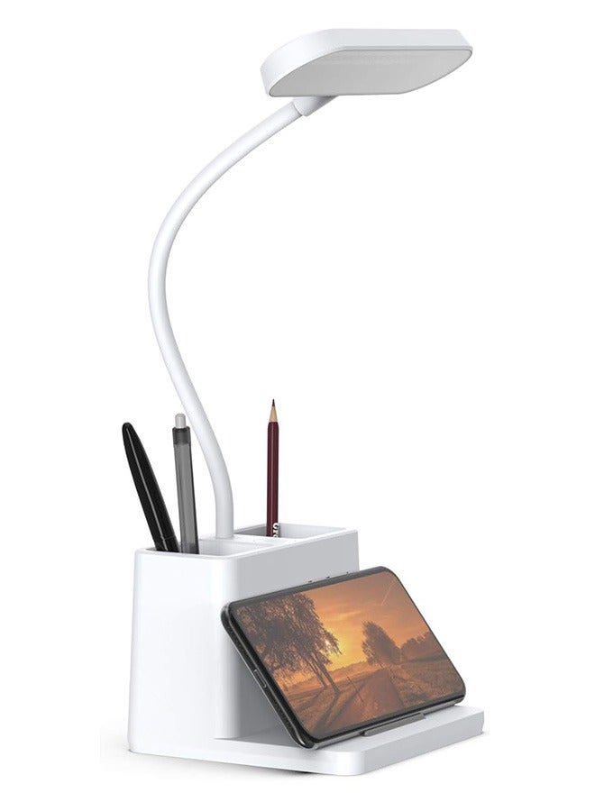 LED Small Desk Lamp, Desk Lamps for Home Office, White Desk Light for Kids, Desktop/Computer Study Lamps for Bedrooms, Rechargeable, Battery Operated, Pen Holder, Adjustable Gooseneck Reading Lamp - Image 1
