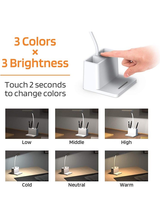 LED Small Desk Lamp, Desk Lamps for Home Office, White Desk Light for Kids, Desktop/Computer Study Lamps for Bedrooms, Rechargeable, Battery Operated, Pen Holder, Adjustable Gooseneck Reading Lamp - Image 2