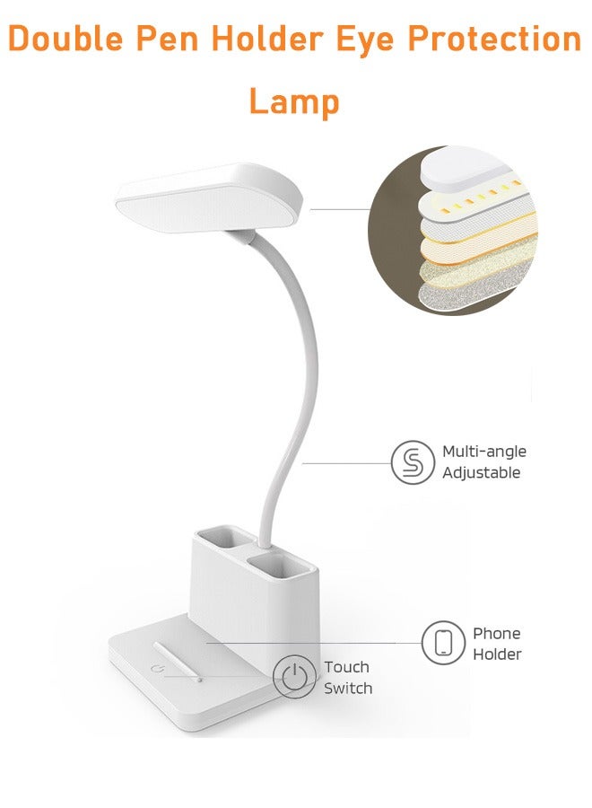 LED Small Desk Lamp, Desk Lamps for Home Office, White Desk Light for Kids, Desktop/Computer Study Lamps for Bedrooms, Rechargeable, Battery Operated, Pen Holder, Adjustable Gooseneck Reading Lamp - Image 3