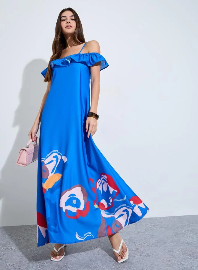 Styli Blue Cold Shoulder Sleeve Ruffled Maxi Dress