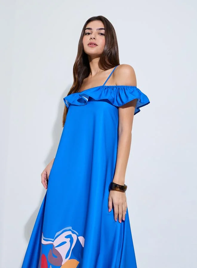 Styli Blue Cold Shoulder Sleeve Ruffled Maxi Dress