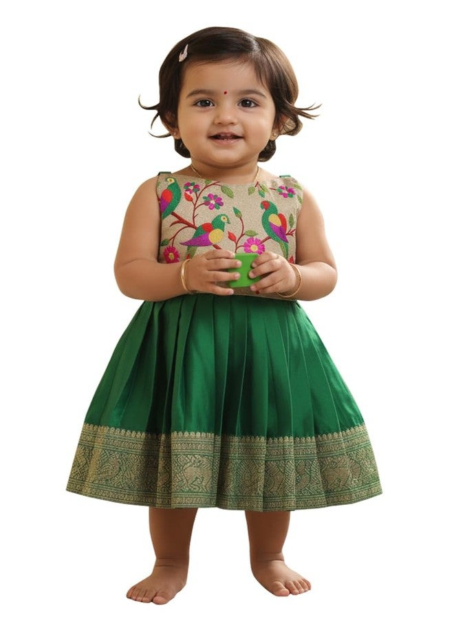 COMRATE South Indian Traditional Pattu Pavadai Jacquard Frock Dress for Baby Girls (6-12Month) Green - Image 1
