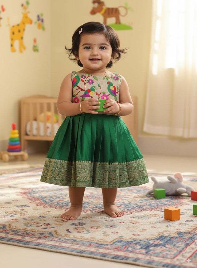 COMRATE South Indian Traditional Pattu Pavadai Jacquard Frock Dress for Baby Girls (6-12Month) Green - Image 2