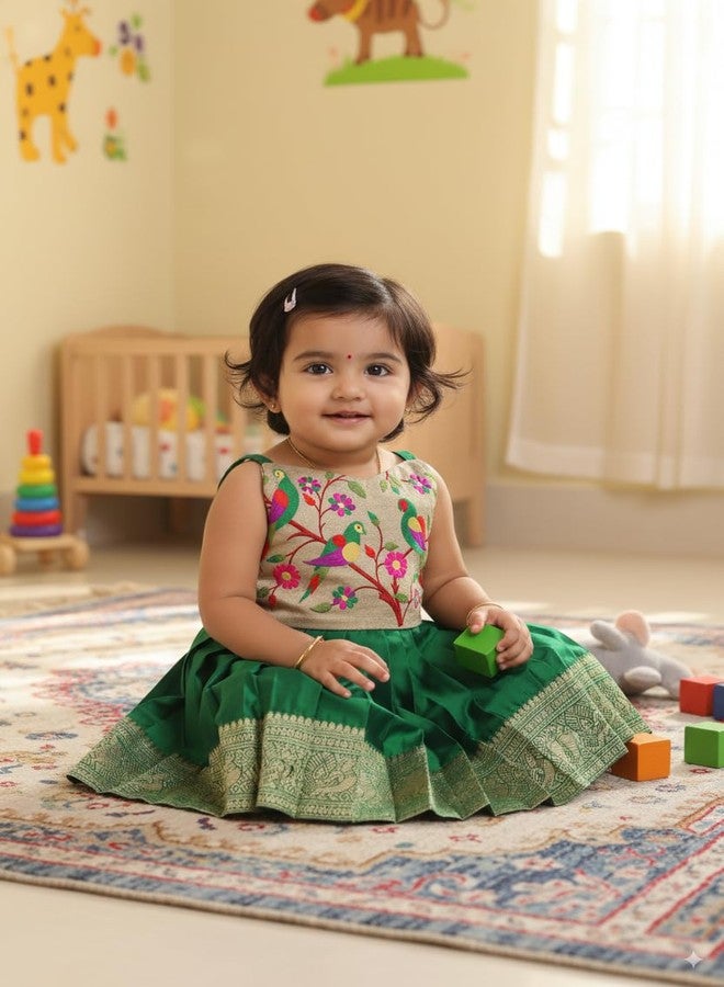 COMRATE South Indian Traditional Pattu Pavadai Jacquard Frock Dress for Baby Girls (6-12Month) Green - Image 3