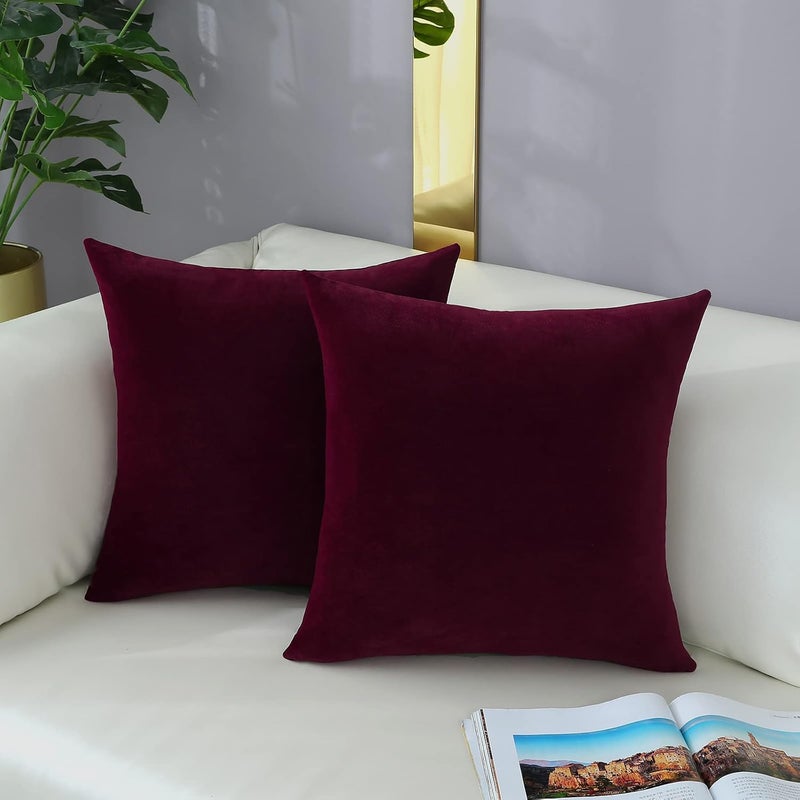 mixeoo Comfy Burgundy Red Throw Pillow Covers Decorative Square Solid Thick Velvet Super Soft Cushion Cases Home Decor for Sofa Couch Living Room Chair, Set of 2, 20 x 20 Inch - Image 1