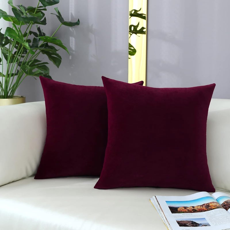 mixeoo Comfy Burgundy Red Throw Pillow Covers Decorative Square Solid Thick Velvet Super Soft Cushion Cases Home Decor for Sofa Couch Living Room Chair, Set of 2, 20 x 20 Inch - Image 2