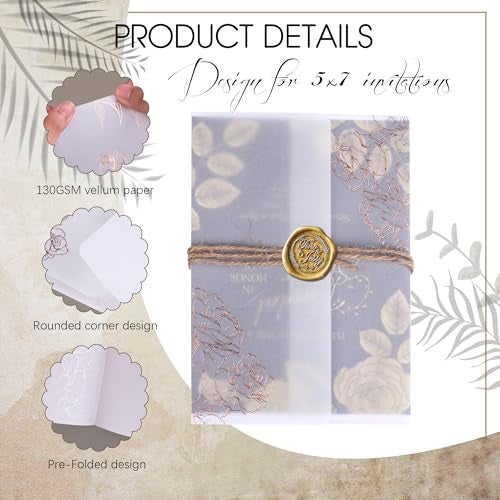 ABIDISO 50 Pack Vellum Jackets for 5x7 Invitations - Pre-Folded Vellum Paper 5x7, 130GSM Translucent Wedding Invitations Wraps for Wedding, Birthday Invitation (Rose Gold Foil Rose Pattern) - Image 3