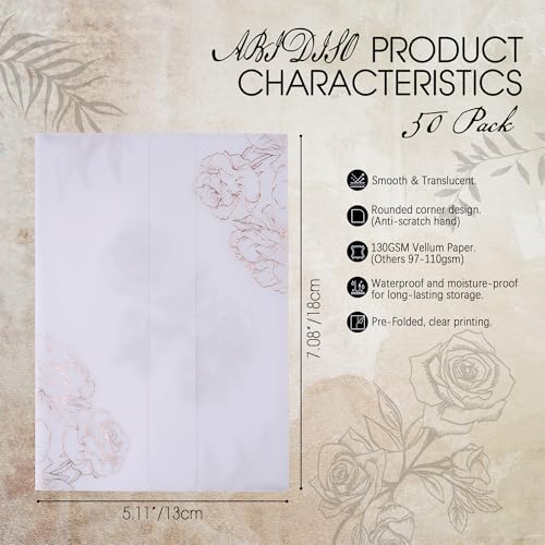ABIDISO 50 Pack Vellum Jackets for 5x7 Invitations - Pre-Folded Vellum Paper 5x7, 130GSM Translucent Wedding Invitations Wraps for Wedding, Birthday Invitation (Rose Gold Foil Rose Pattern) - Image 2