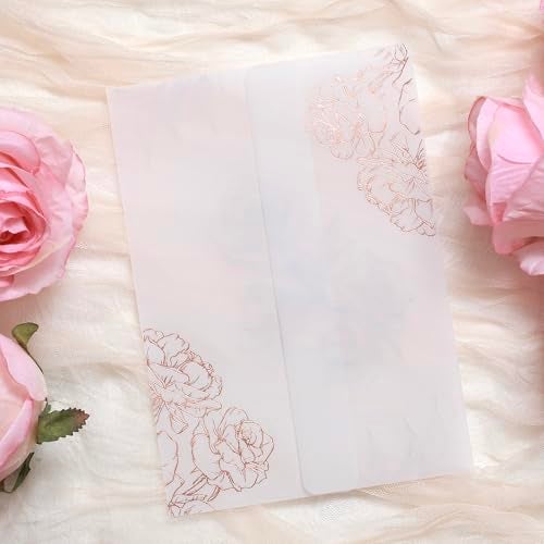 ABIDISO 50 Pack Vellum Jackets for 5x7 Invitations - Pre-Folded Vellum Paper 5x7, 130GSM Translucent Wedding Invitations Wraps for Wedding, Birthday Invitation (Rose Gold Foil Rose Pattern) - Image 1