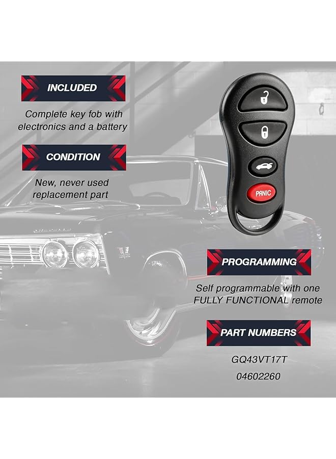مفتاح سيارة بديل عن بعد للدخول بدون مفتاح، رقم تعريف لجنة الاتصالات الفيدرالية: Gq43Vt17T، 315 ميجاهرتز، مناسب لسيارات جيب ليبرتي، دودج ستراتوس، دودج إنتربيد، كرايسلر سيبرينج وكونكورد، بأربعة أزرار - Image 3
