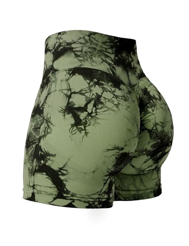 YEOREO Women's Green Tie-Dye Modern High Waisted 3.6" Seamless Squat Proof Contour Gym Yoga Biker Shorts - Small - Image 1