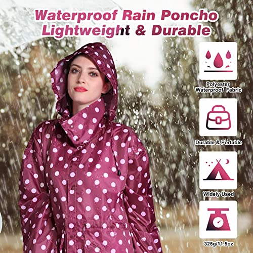 LAMA Womens Long Raincoats Rain Jacket Waterproof Packable Outdoor Hooded Windbreaker Lightweight Adjustable Waist for Outdoors(Red Dots, XXL) - Image 2